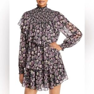CINQ A SEPT FLORAL LONG SLEEVE SMOCKED MINI DRESS 6 I